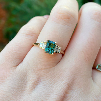 Erin - Optix Octagon Cut Teal/Green Tourmaline and Baguette Cut Diamond Art Deco Vintage Inspired Engagement Ring - Ready-to-Wear