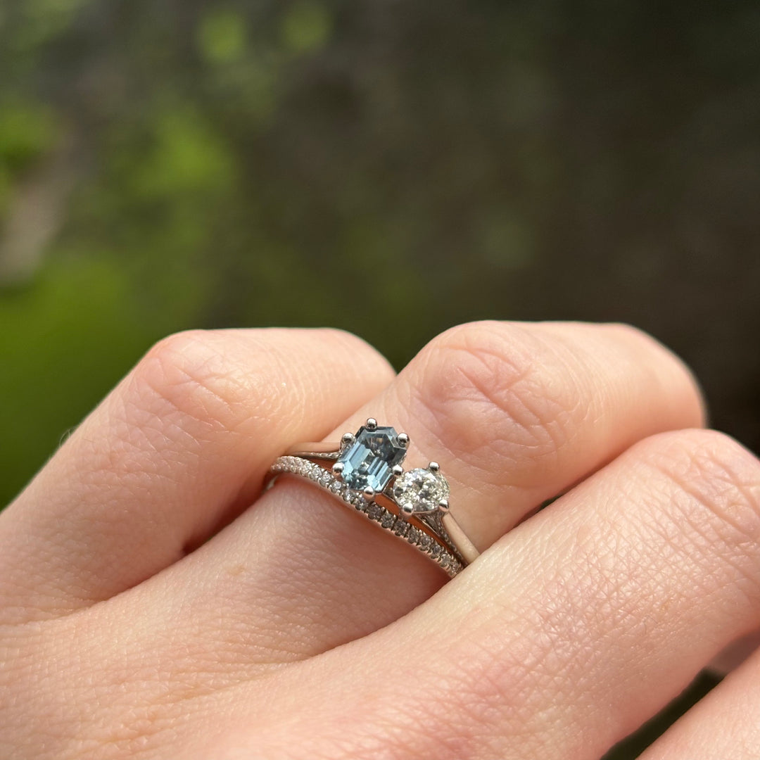 Juno - Elongated Hexagon Cut Teal Sapphire and Oval Cut Earth Grown Diamond Toi et Moi Style Ring in Platinum - Ready-to-Wear