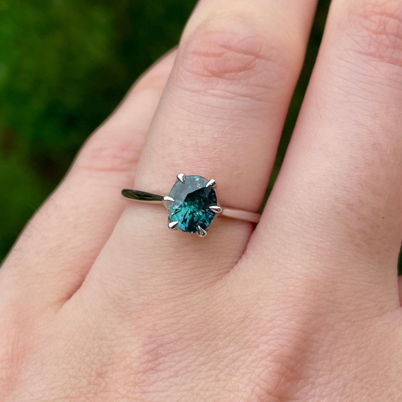 Raine - Oval Cut Teal Sapphire Solitaire Ring with Lotus Flower Inspired Setting - Made-To-Order