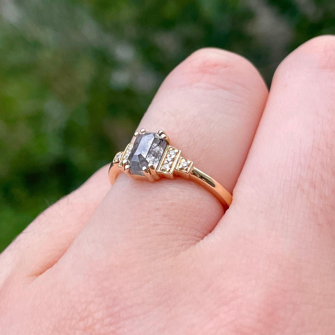 Grace - Emerald Cut Salt and Pepper Diamond Engagement Ring with Diamond Bars in Yellow Gold - Ready-to-Wear