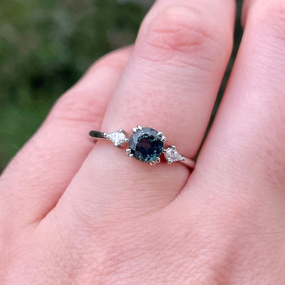 Dahlia - Round Mixed Cut Teal Sapphire and Kite Cut Lab Grown Diamonds Trilogy Engagement Ring in Platinum - Ready-to-Wear