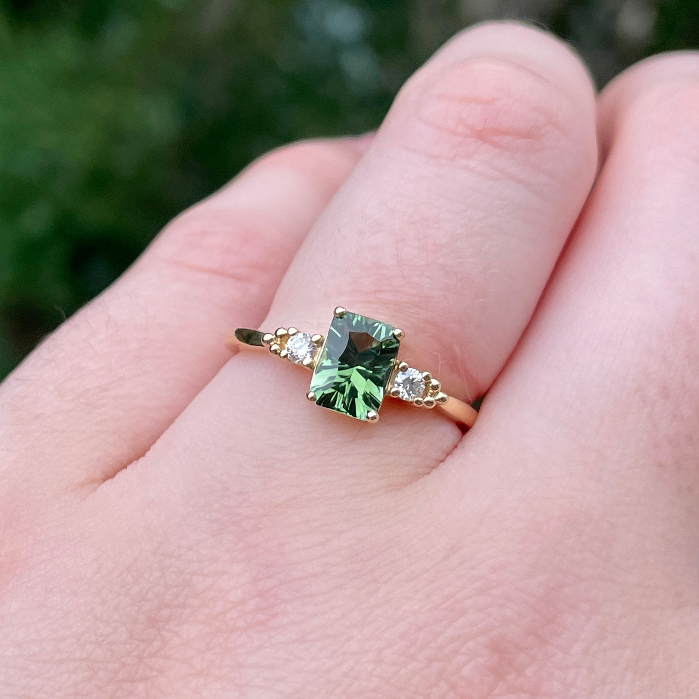 Natalia - Octagon Cut Optix Green Tourmaline and Lab Grown Diamond Delicate Trilogy Engagement Ring in Yellow Gold - Ready-to-Wear