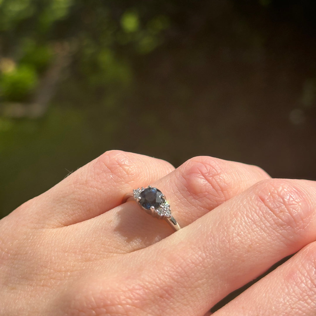 Henrietta - Round Blue Sapphire Engagement Ring with Lab Grown Side Stones in Platinum - Ready-to-Wear