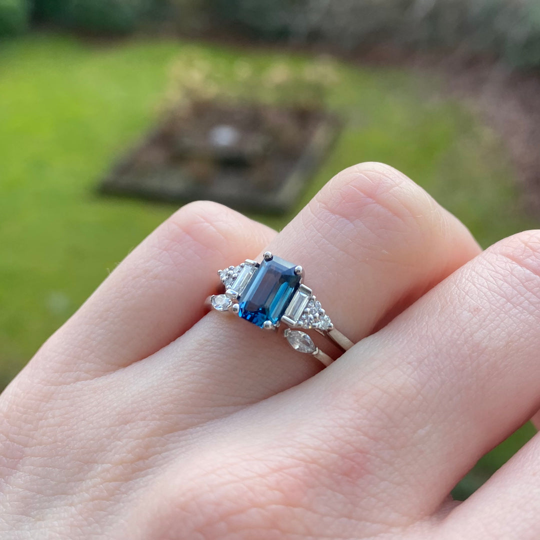 Arden - Emerald Cut Teal Blue Sapphire Art Deco Engagement Ring with Lab Grown Diamond Side Stones in Platinum - Ready-to-Wear