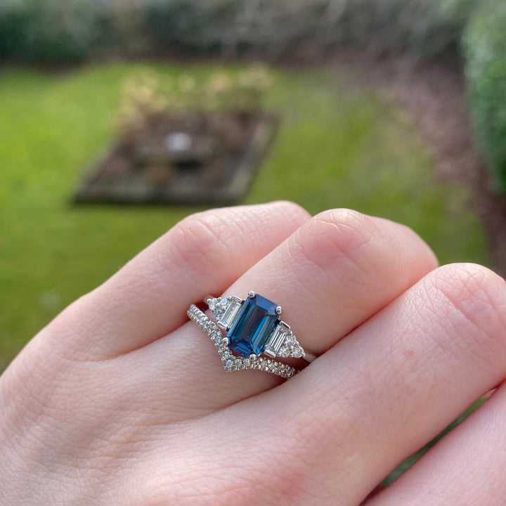 Arden - Emerald Cut Teal Blue Sapphire Art Deco Engagement Ring with Lab Grown Diamond Side Stones in Platinum - Ready-to-Wear