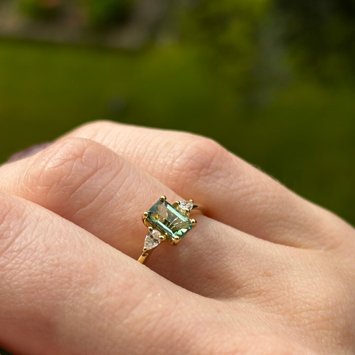 Elspeth - Emerald Cut Lagoon Tourmaline Trilogy Engagement Ring