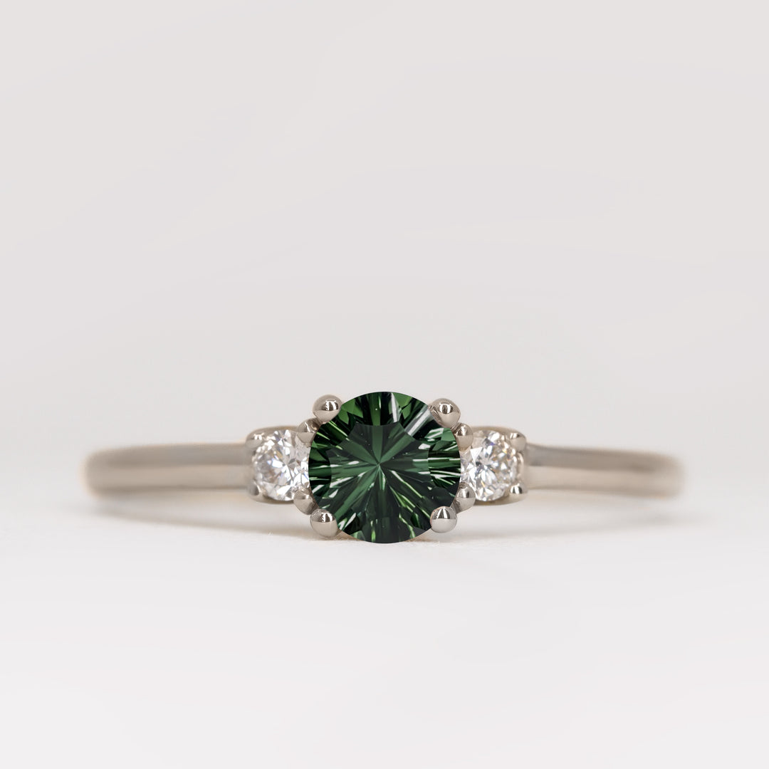 Millie - Round Optix Cut Green Tourmaline and Diamond Trilogy Engagement Ring