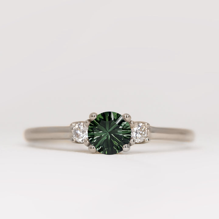 Millie - Round Optix Cut Green Tourmaline and Diamond Trilogy Engagement Ring