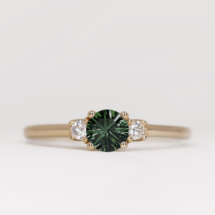 Millie - Round Optix Cut Green Tourmaline and Diamond Trilogy Engagement Ring