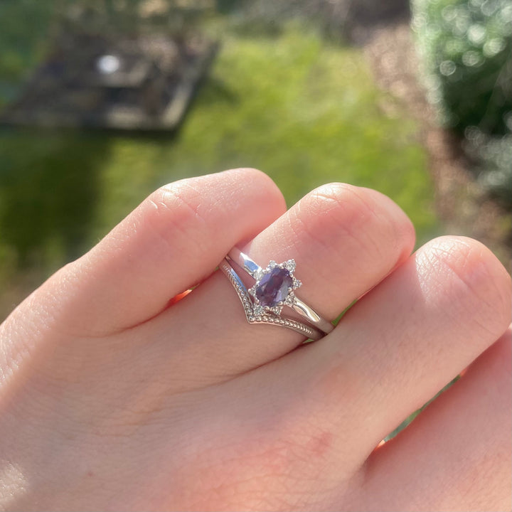Mabel - Oval Cut Lab Grown Alexandrite with Lab Grown Diamond Halo Engagement Ring in 14ct White Gold- Ready-to-Wear