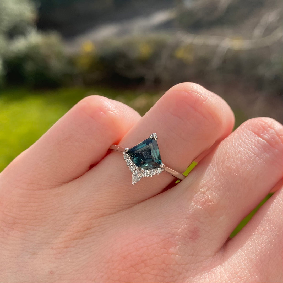 Celeste - Kite Cut Montana Sapphire Ring with Lab Grown Diamond Crown Half Halo in Platinum - Ready-to-Wear