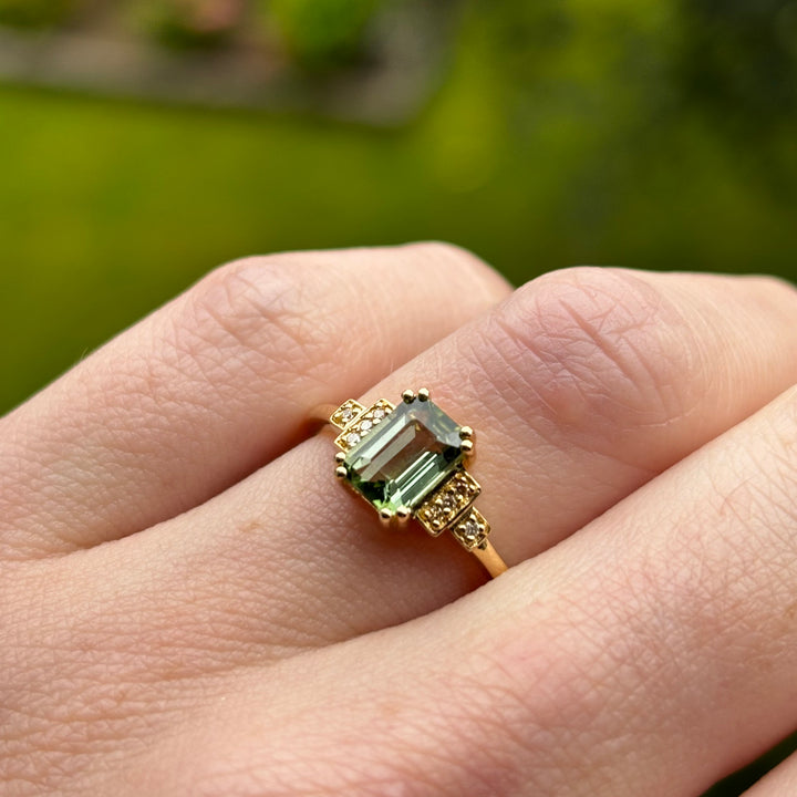 Grace - Emerald Cut Green Tourmaline Cluster Engagement Ring - Ready-to-Wear