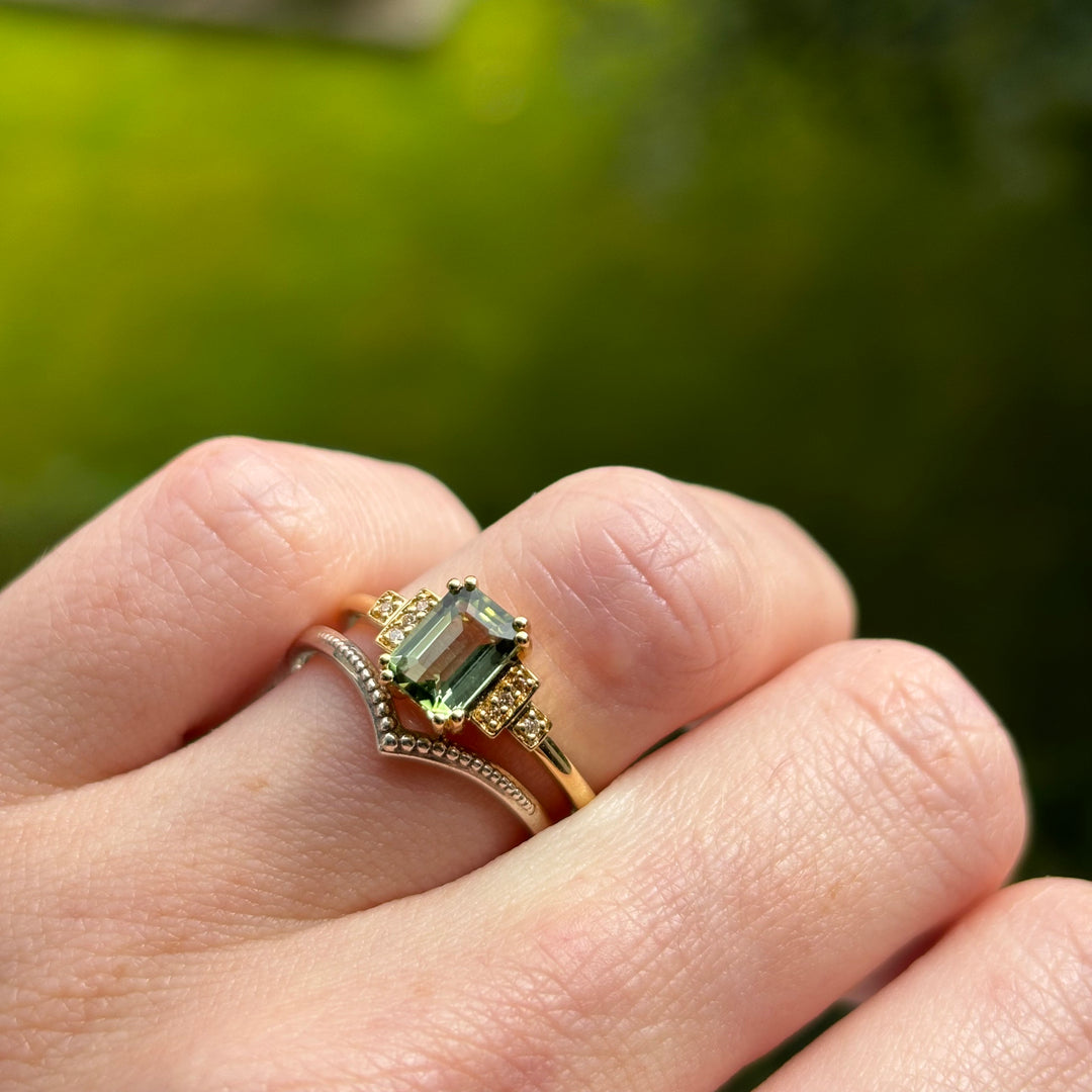 Grace - Emerald Cut Green Tourmaline Cluster Engagement Ring - Ready-to-Wear