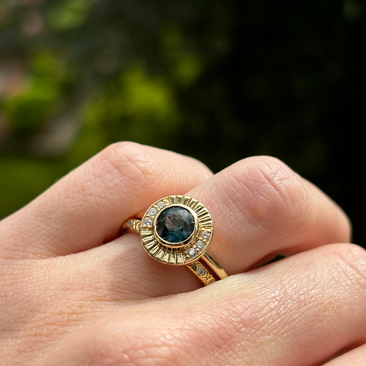 Addison - Teal Sapphire Art Deco Halo Engagement Ring - Ready-to-Wear