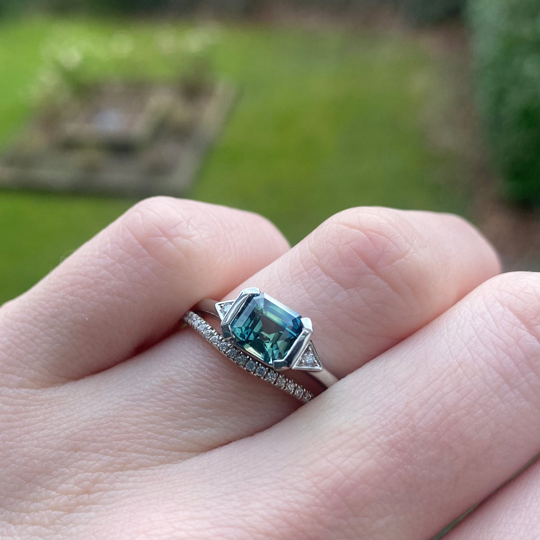 Hattie - Emerald Cut Teal Sapphire and Lab Grown Diamond Art Deco Vintage Inspired Engagement Ring in Platinum - Ready-To-Wear