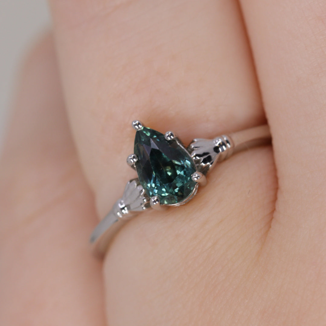 Tilly - Pear Teardrop Cut Teal Sapphire Art Deco Solitaire Engagement Ring - Ready-to-Wear