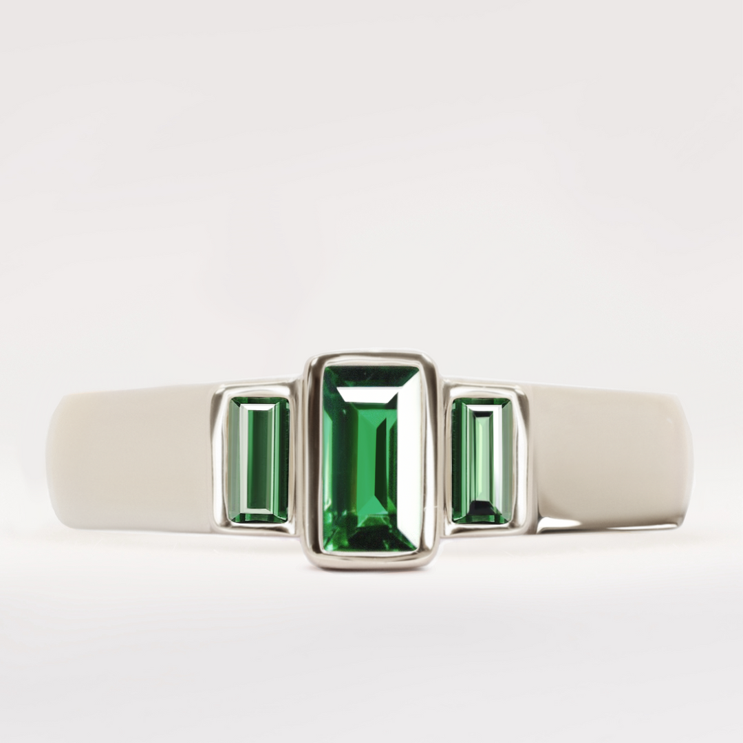 Jesse - Baguette Cut Green Tourmaline Trilogy Ring
