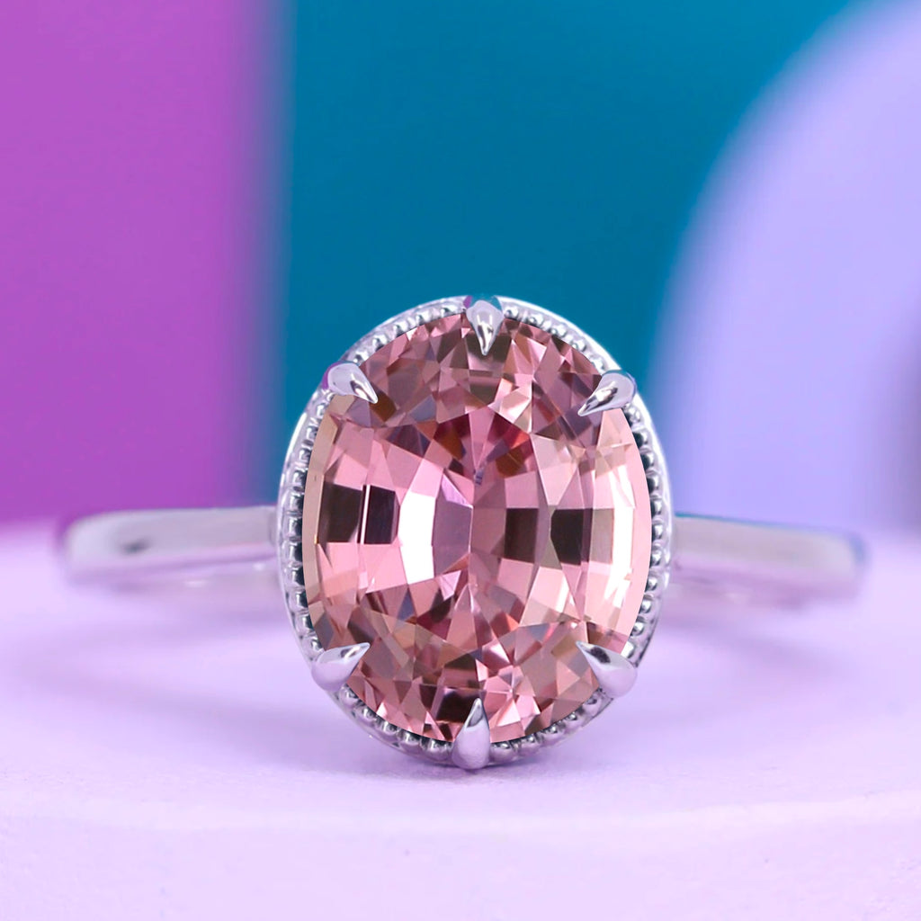 Georgia - Barbie Collection - Oval Cut Pink Sapphire Solitaire Engagement Ring with Beading - Custom Made-to-Order Design