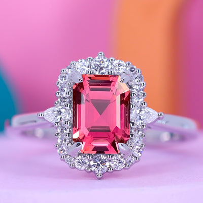 Cordelia - Barbie Collection - Emerald Cut Pink Tourmaline Ring with Graduated Halo - Custom Made-to-Order Design