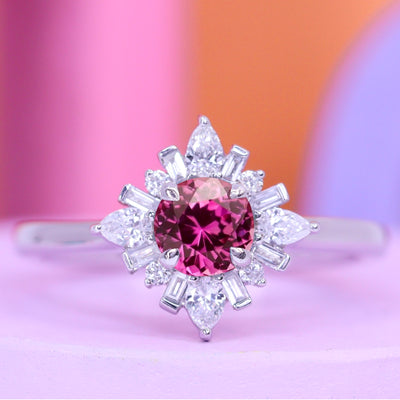 Elsa - Barbie Collection - Round Pink Sapphire and Diamond Halo Engagement Ring - Custom Made-to-Order Design