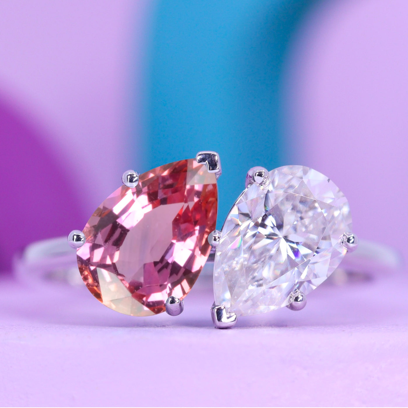 Juno - Barbie Collection - Teardrop/Pear Cut Pink Sapphire and Lab Grown Diamond Toi et Moi Style Ring - Custom Made-to-Order Design