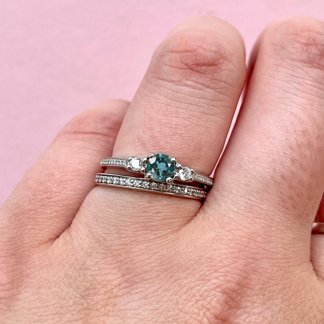 Callie & Verity - Bridal Set - Teal Sapphire Trilogy Engagement Ring and Diamond Set Wedding Ring