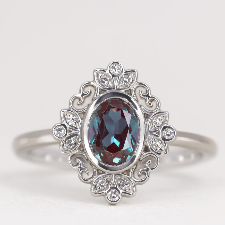 Annette - Oval Lab-Grown Alexandrite Halo Engagement Ring - Ready-To-Wear