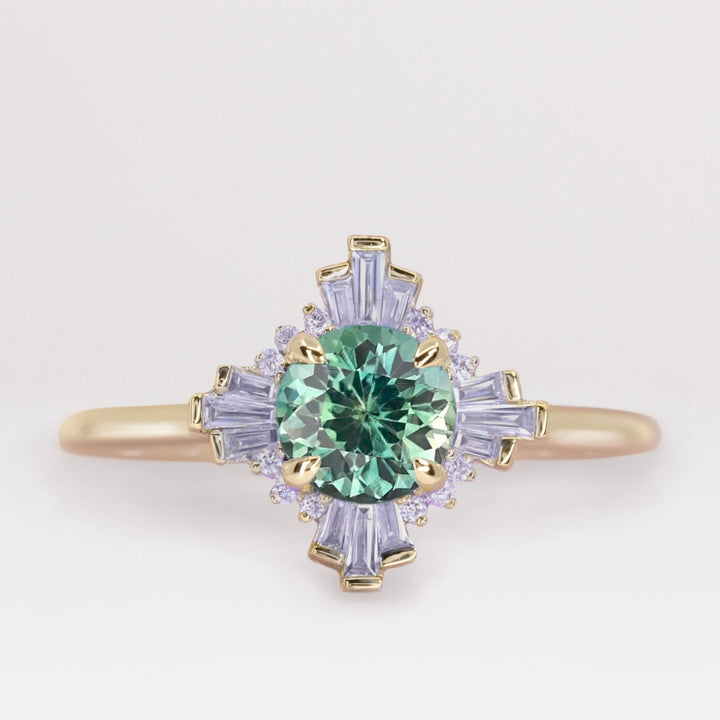 Ada - Teal Sapphire and Diamond Art Deco Halo Engagement Ring