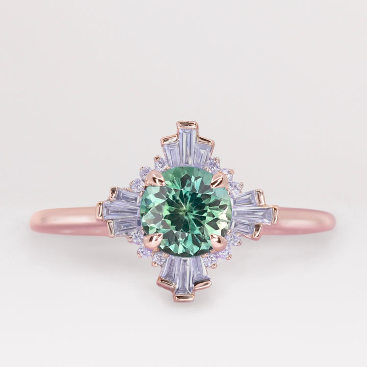 Ada - Teal Sapphire and Diamond Art Deco Halo Engagement Ring