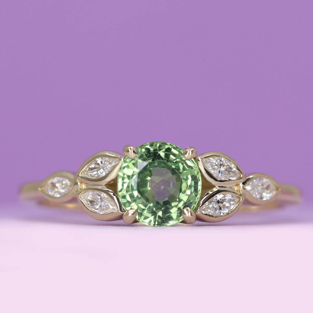 Juliet - Round Green Sapphire Leaf Detail Engagement Ring - Ready-to-Wear