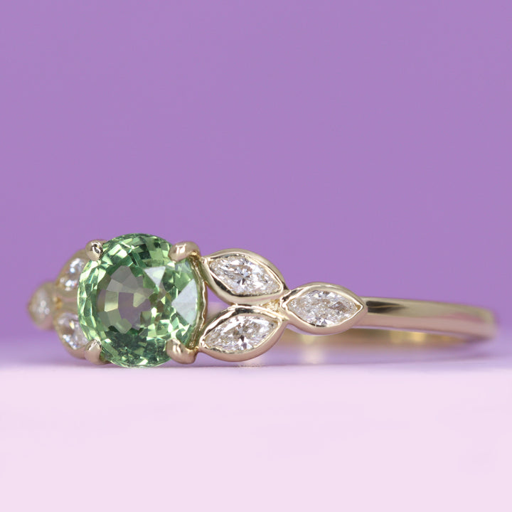 Juliet - Round Green Sapphire Leaf Detail Engagement Ring - Ready-to-Wear