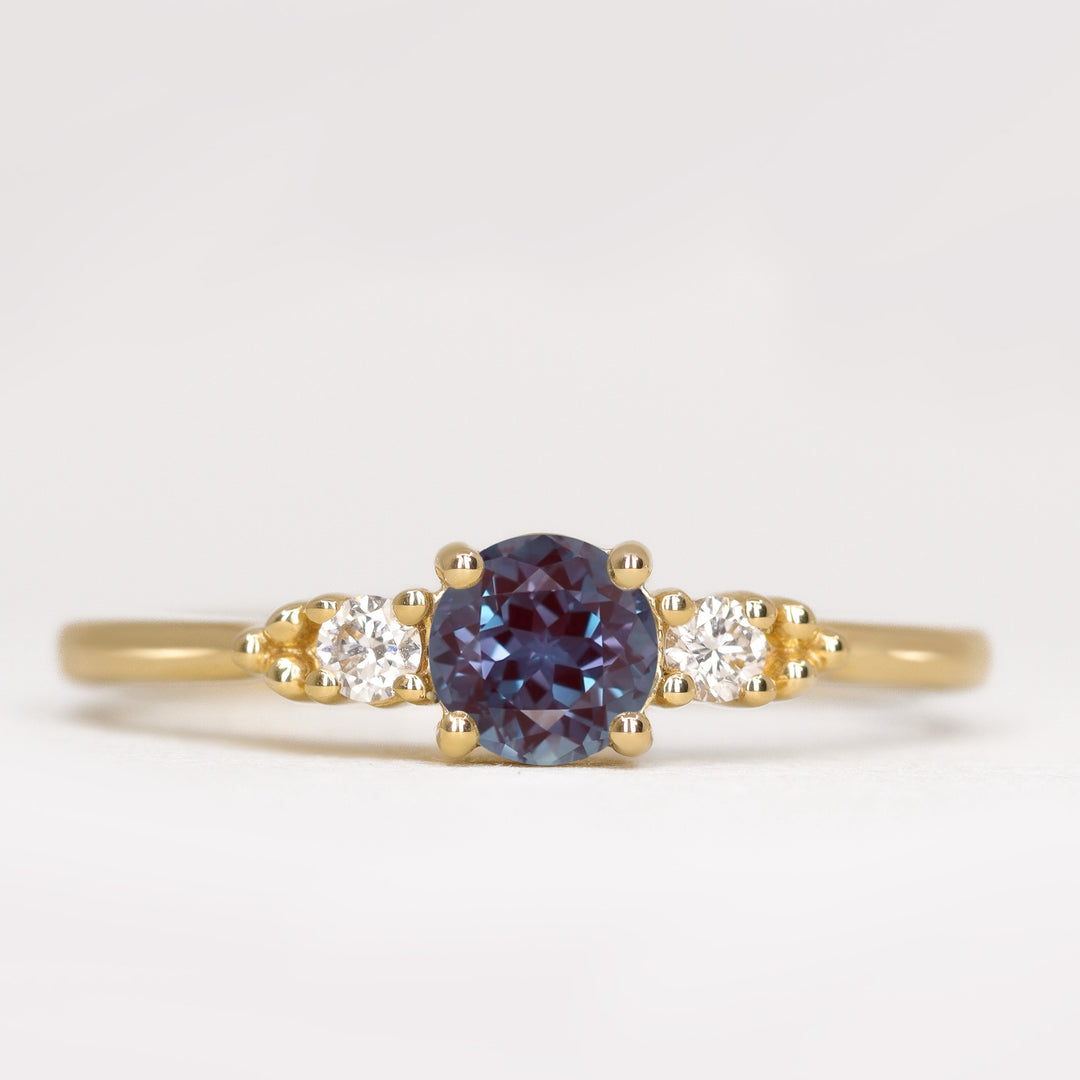 Natalia - Round Brilliant Cut Lab-Grown Alexandrite and Diamond Trilogy Engagement Ring