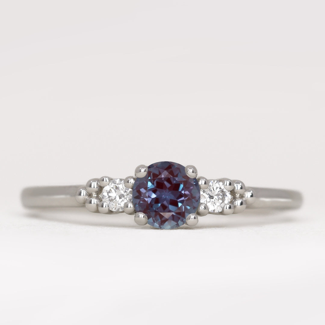 Natalia - Round Brilliant Cut Lab-Grown Alexandrite and Diamond Trilogy Engagement Ring