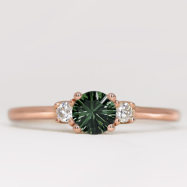 Millie - Round Optix Cut Green Tourmaline and Diamond Trilogy Engagement Ring