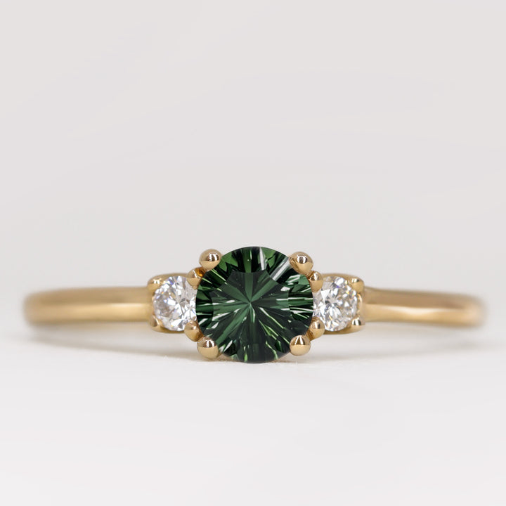 Millie - Round Optix Cut Green Tourmaline and Diamond Trilogy Engagement Ring