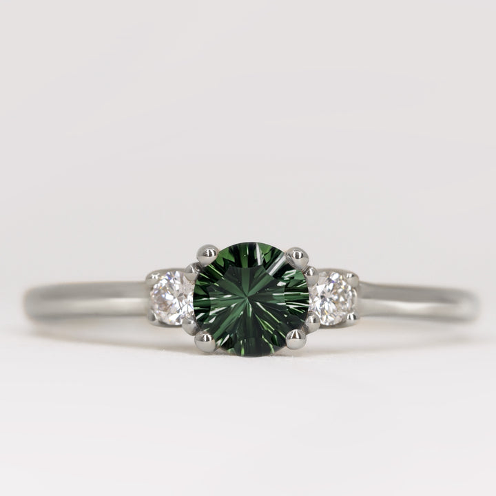 Millie - Round Optix Cut Green Tourmaline and Diamond Trilogy Engagement Ring