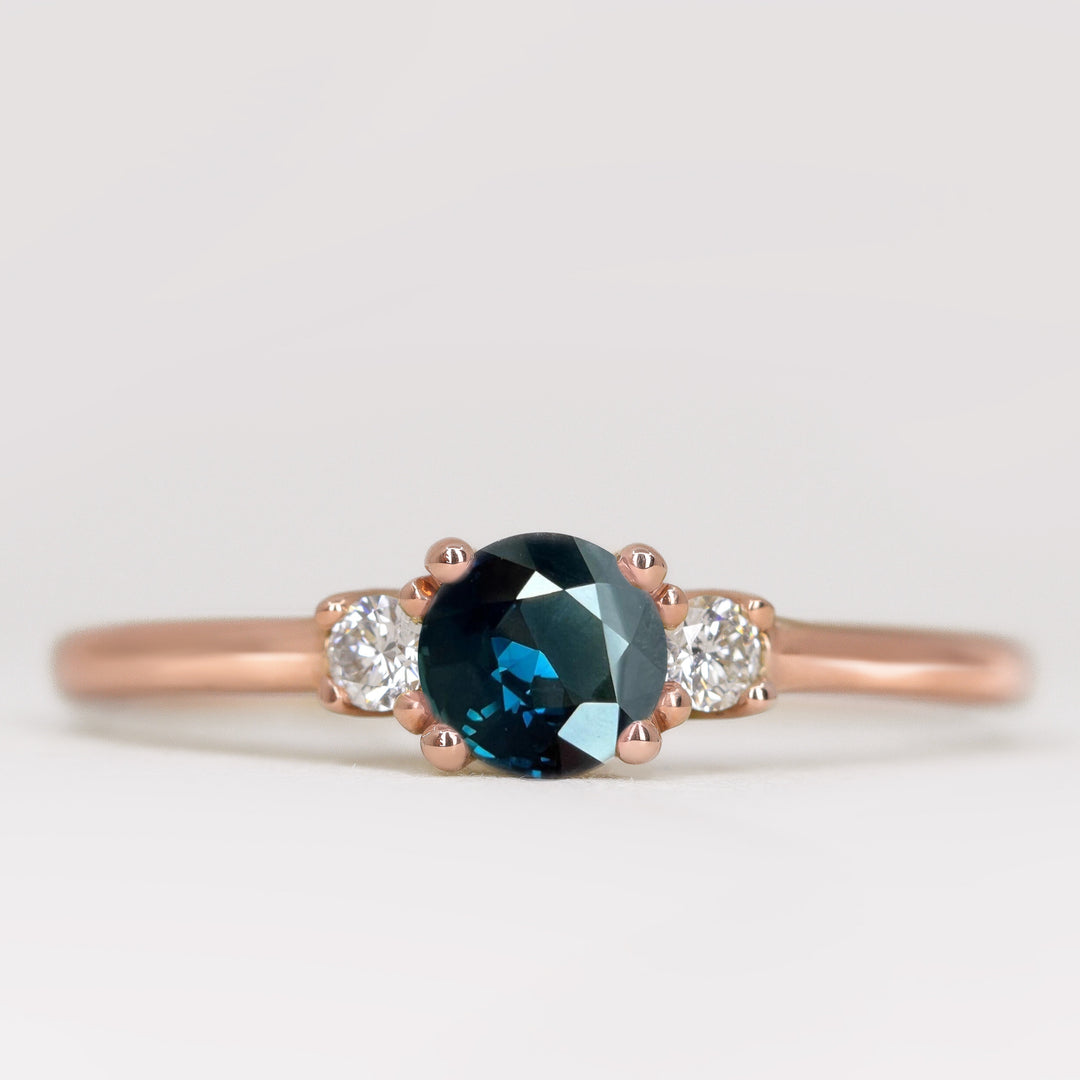 Millie - Round Brilliant Cut Teal Sapphire and Diamond Trilogy Engagement Ring