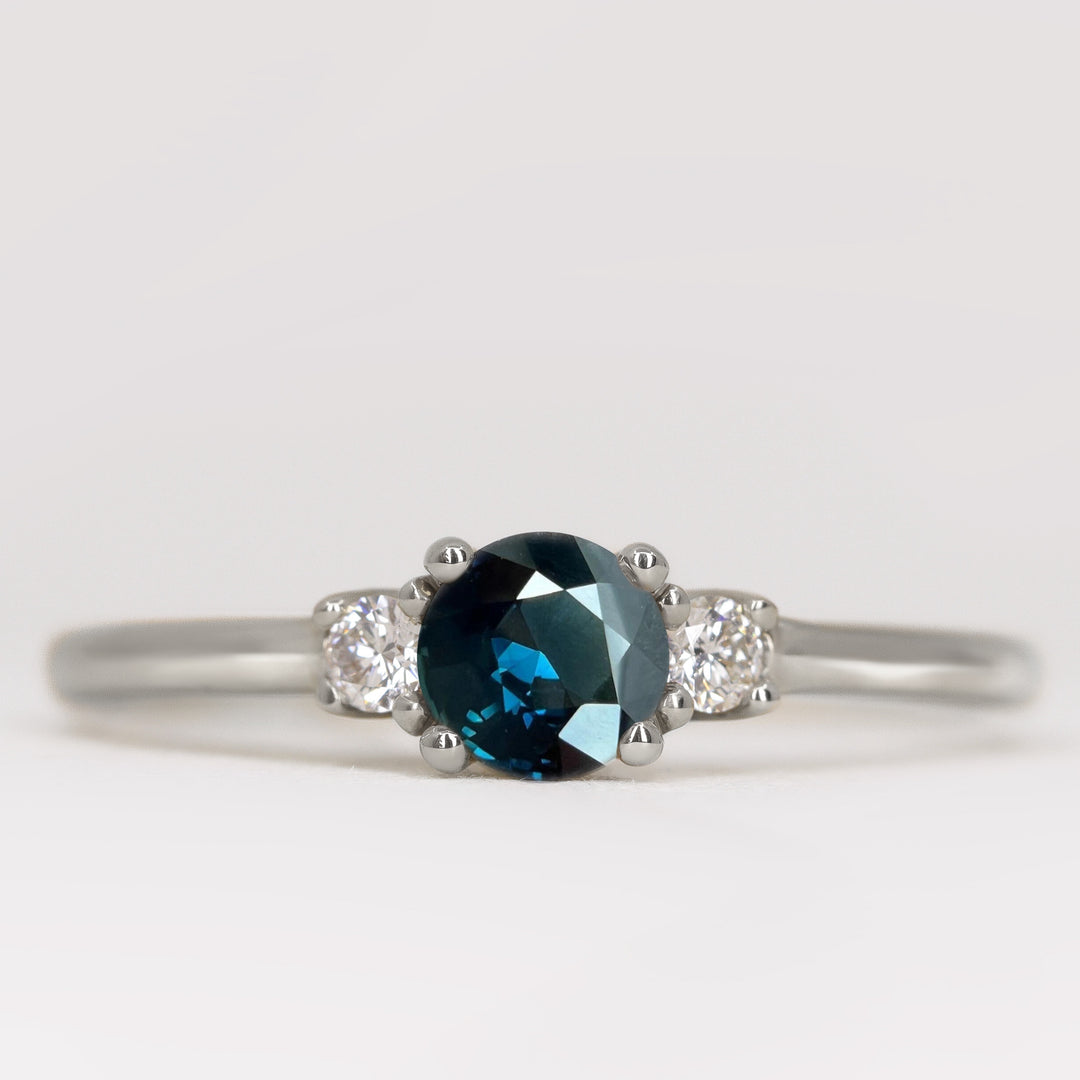 Millie - Round Brilliant Cut Teal Sapphire and Diamond Trilogy Engagement Ring Engagement Rings - Made-to-Order