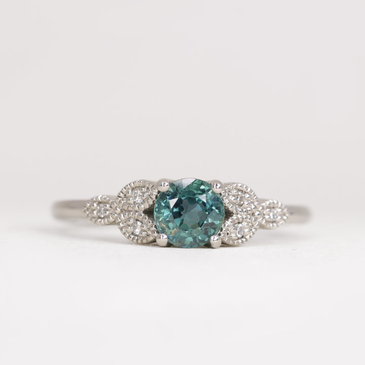 Juliet - Round Teal Sapphire Leaf Detail Engagement Ring - Ready-To-Wear