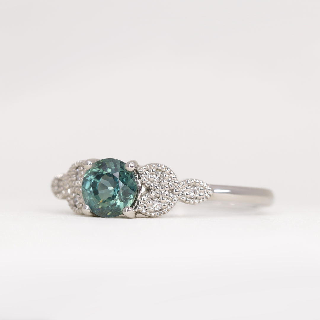 Juliet - Round Teal Sapphire Leaf Detail Engagement Ring - Ready-To-Wear