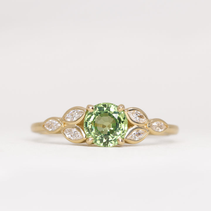 Juliet - Round Green Sapphire Leaf Detail Engagement Ring