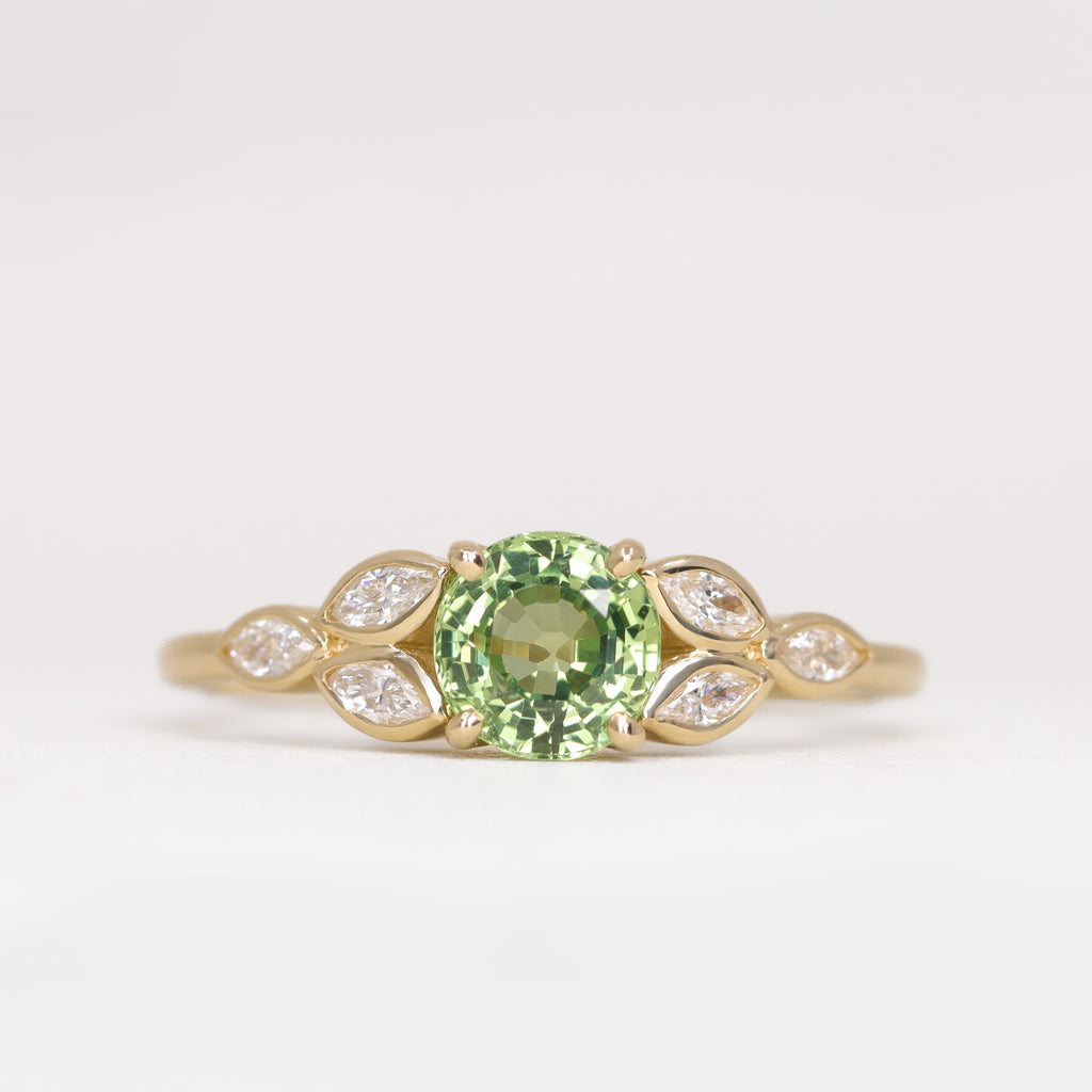 Juliet - Round Green Sapphire Leaf Detail Engagement Ring - Ready-to-Wear