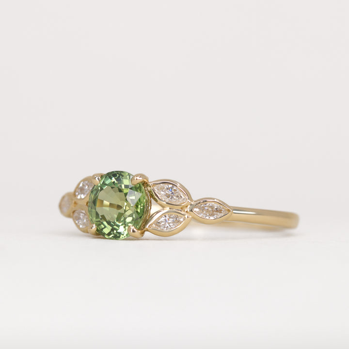 Juliet - Round Green Sapphire Leaf Detail Engagement Ring