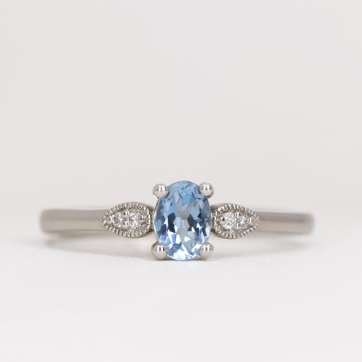 Rosa - Oval Aquamarine Art Deco Trilogy Engagement Ring - Ready-to-Wear