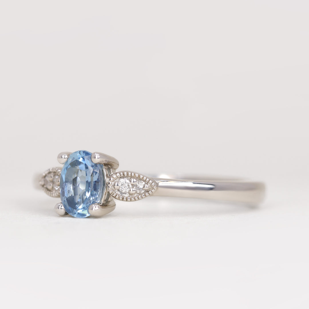 Rosa - Oval Aquamarine Art Deco Trilogy Engagement Ring - Ready-to-Wear