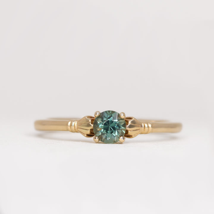 Tilly - Round Blue Teal Sapphire Art Deco Fan Detail Solitaire Engagement Ring - Ready-to-Wear