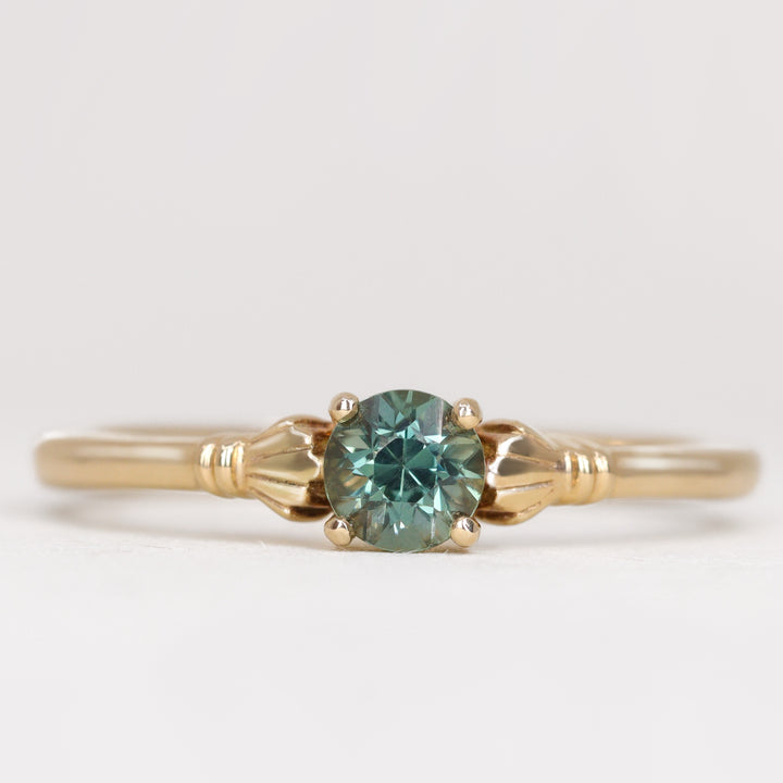 Tilly - Round Blue Teal Sapphire Art Deco Fan Detail Solitaire Engagement Ring - Ready-to-Wear