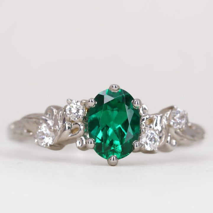 Laurel - Oval Emerald and Diamond Leaf/Vine Detail Engagement Ring