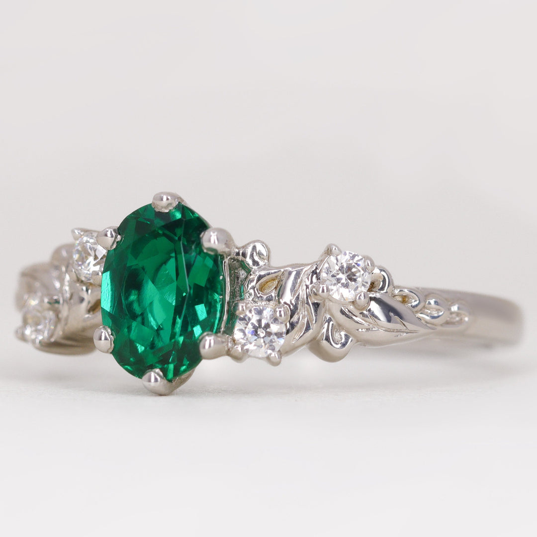 Laurel - Oval Emerald and Diamond Leaf/Vine Detail Engagement Ring