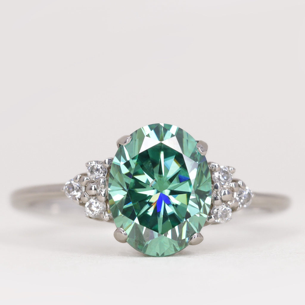 Henrietta - Oval Cut Teal Moissanite Cluster Engagement Ring